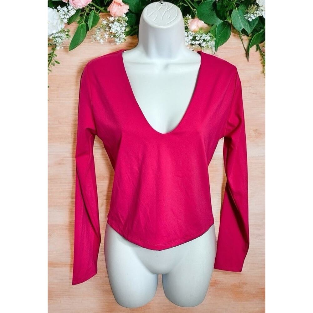 Forever 21 Contour Sculpt Shape V-Neck Long-Sleeve Crop Top Sz Large Pink New
